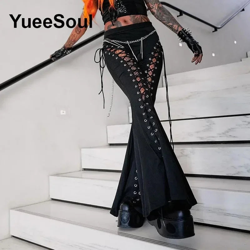 Goth Women's Flared Pants with Black Lace, Embroidery, Multi Designs