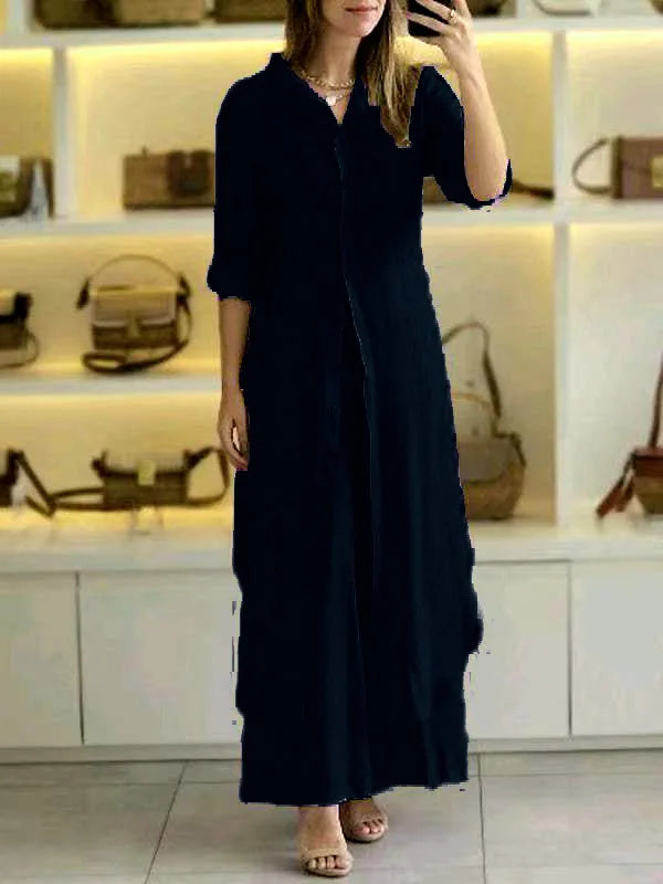 Elegant Lapel Single-Breasted Long Shirt and Wide-Leg Pants Suit