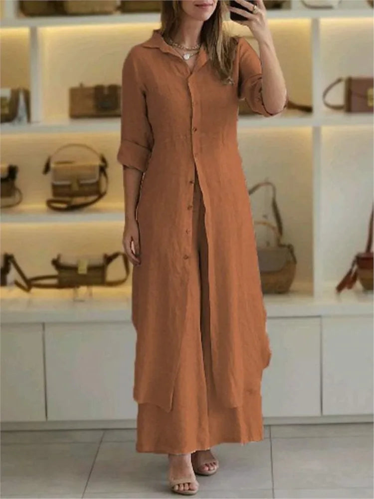Elegant Lapel Single-Breasted Long Shirt and Wide-Leg Pants Suit
