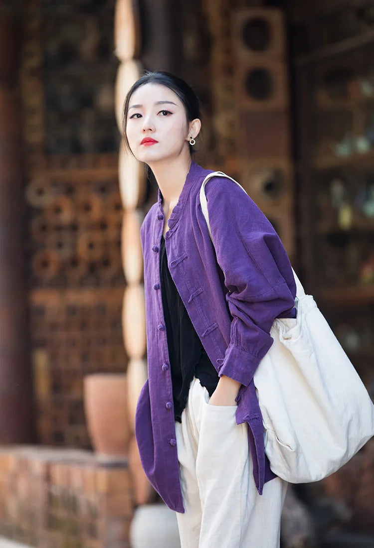 Fashion Cotton Linen Women's Stand Collar Jacket, Multi Colours