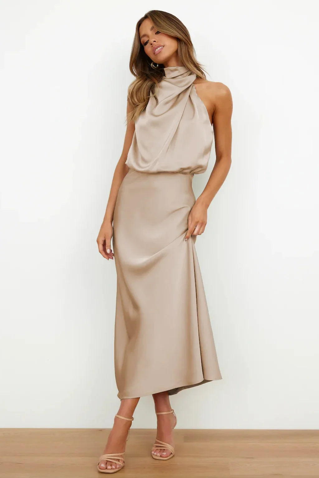 Vireous Summer Silk Satin Sleeveless Long Dress, Draped Bodice