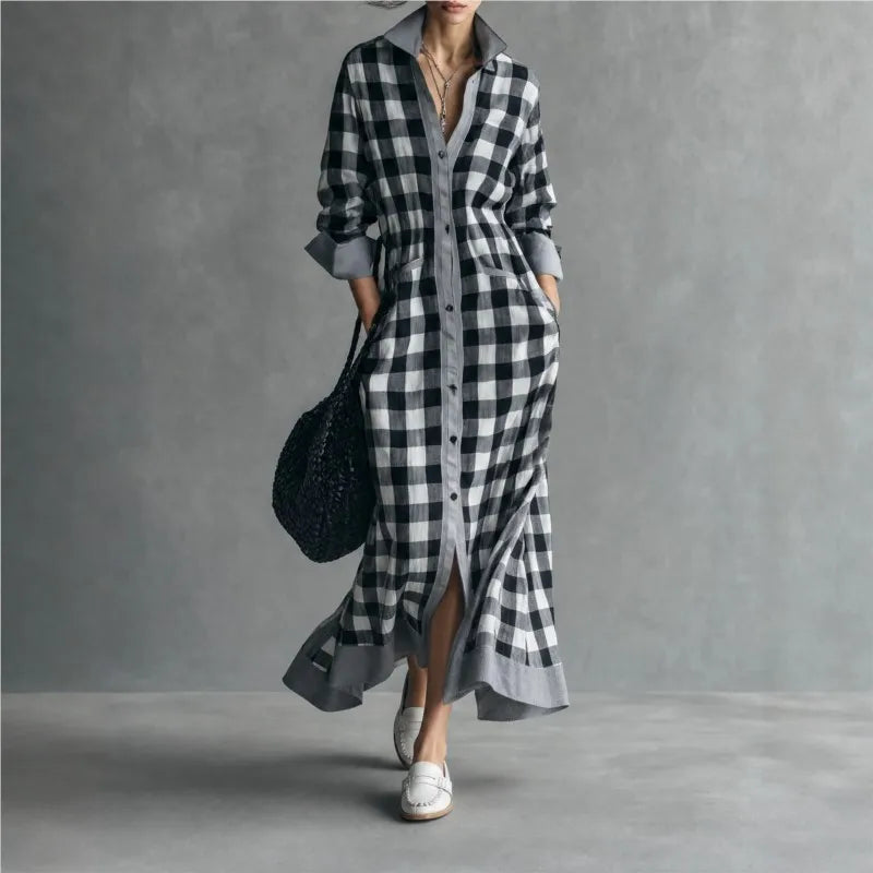 Vireous Bold Gingham Long Dress, Vacation Dress with Pockets