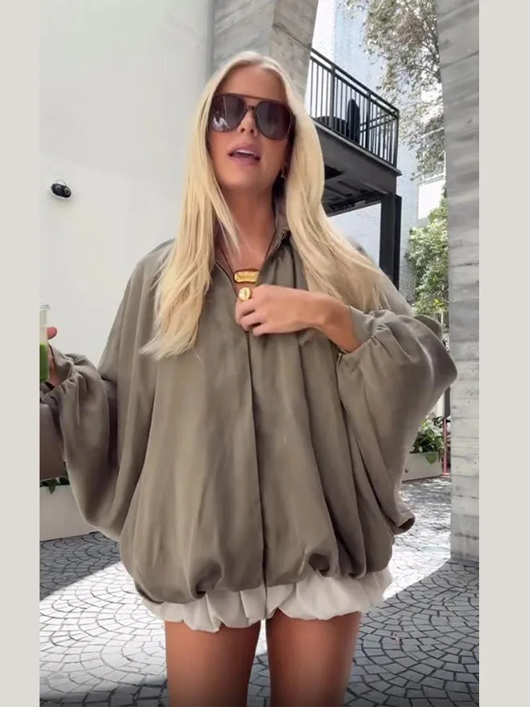 Vireous Women's Ruched Bat Sleeves Cropped Windbreak Jacket