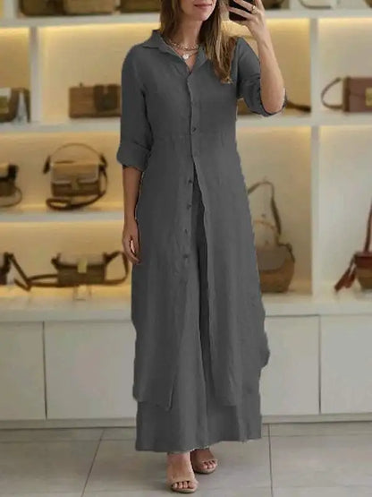 Elegant Lapel Single-Breasted Long Shirt and Wide-Leg Pants Suit