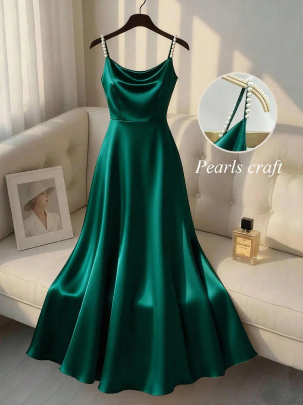 Vireous Pearl-Beaded Strap Satin Slip Retro Dress, Elegant Summer Evening Dress