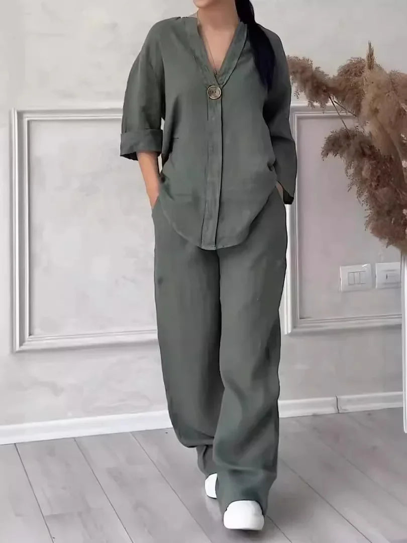 Women's Cotton and Linen Round-Neck Summer Short-Sleeves Pants Suit