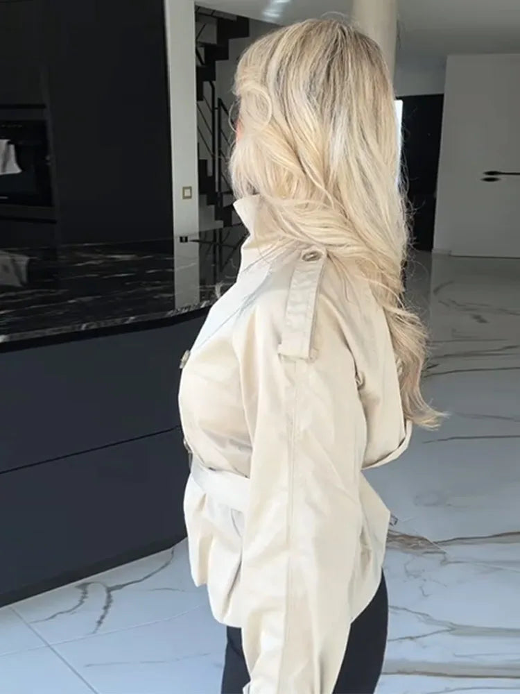 Vireous Women's Short Jacket Belted Trench Coat