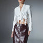 Women's Shawl Collar Cropped White Jacket with Floral Appliques, Catwalk Collection