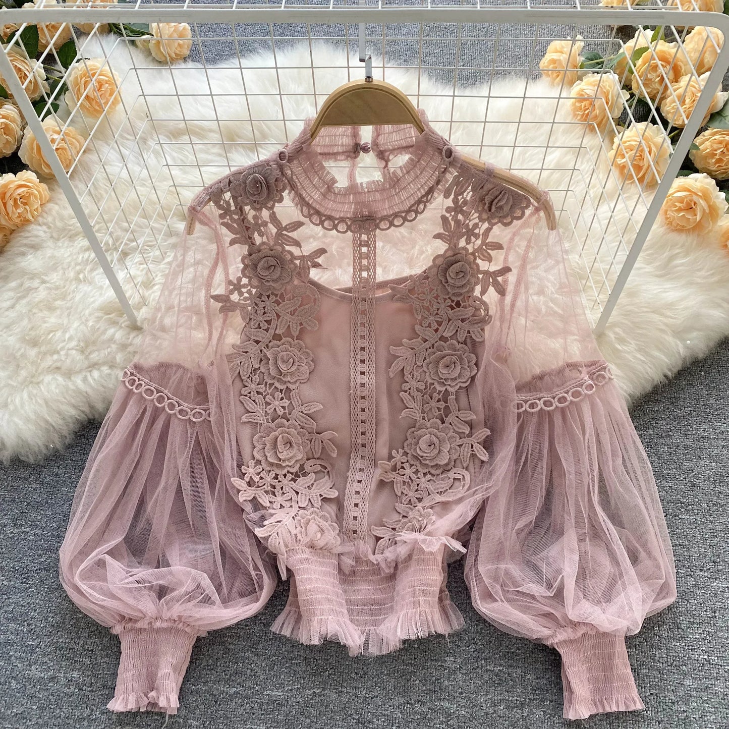 Lace See-Through Puff-Sleeve Vintage Fashion Blouse