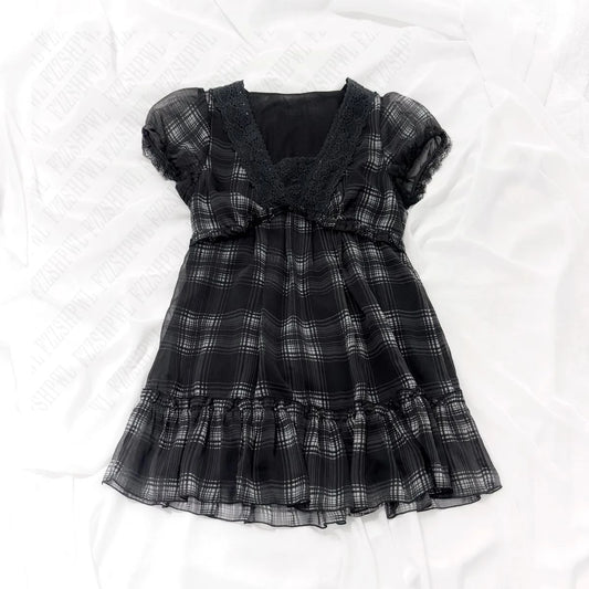 Dark Cross Classic Punk Emo Plaid Vintage Smock Top with Matching Skirt