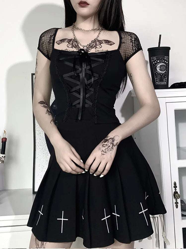 Women's Vintage Goth Bodycon Bandage Lace Mesh Top in Black