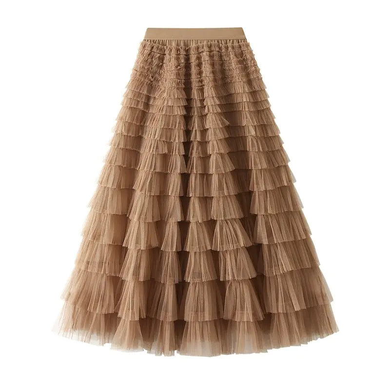 Vireous Solid Colour Ball Gown Long Tiered Skirt