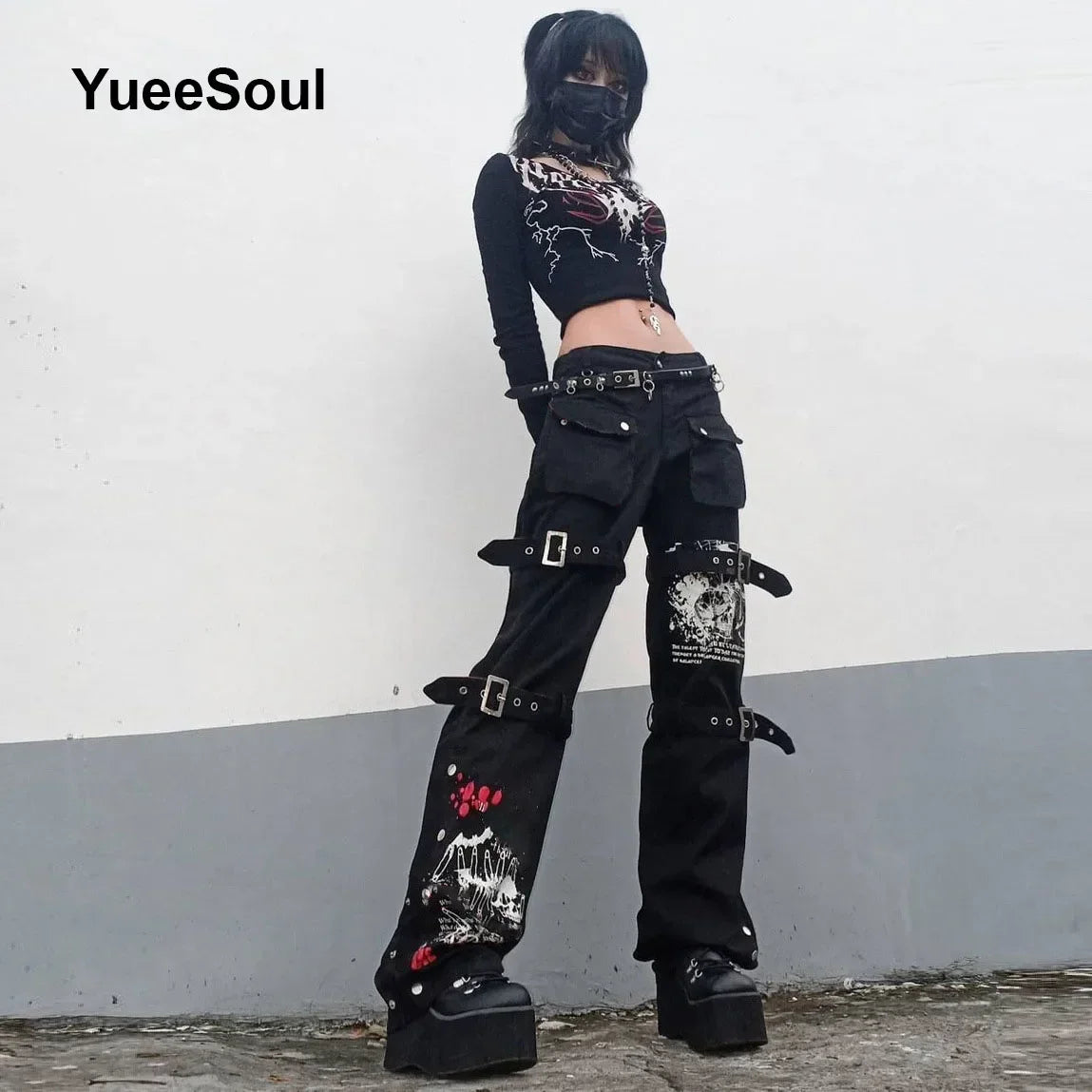 Goth Women's Flared Pants with Black Lace, Embroidery, Multi Designs