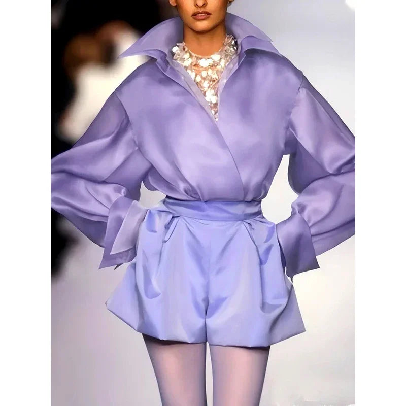 Vireous Women's Light Purple Chiffon Big Bold Collar Loose Tuxedo Blouse