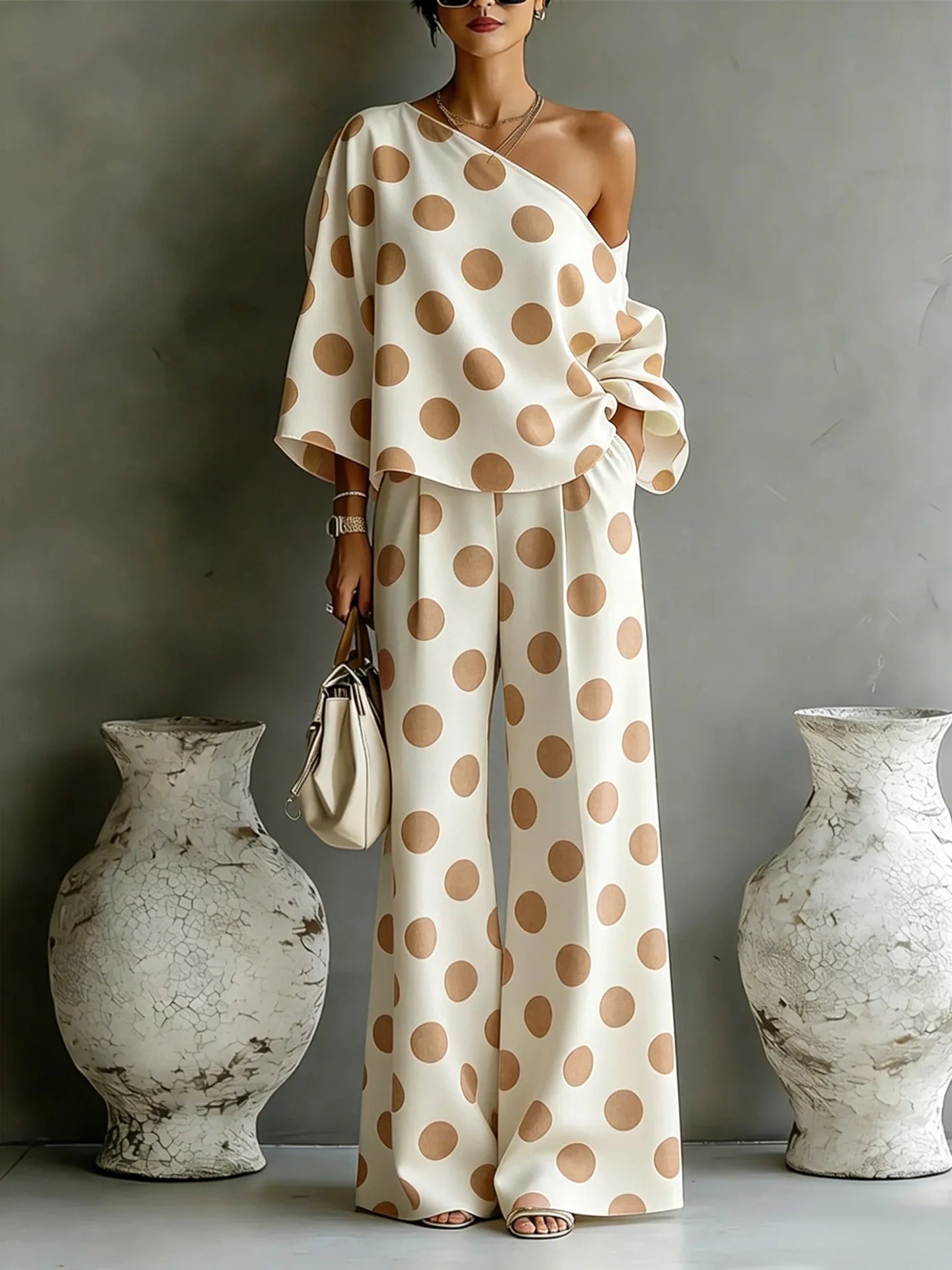 Colour-Wave Point Set, Women's Slant Shoulder Two-Piece Summer Suit