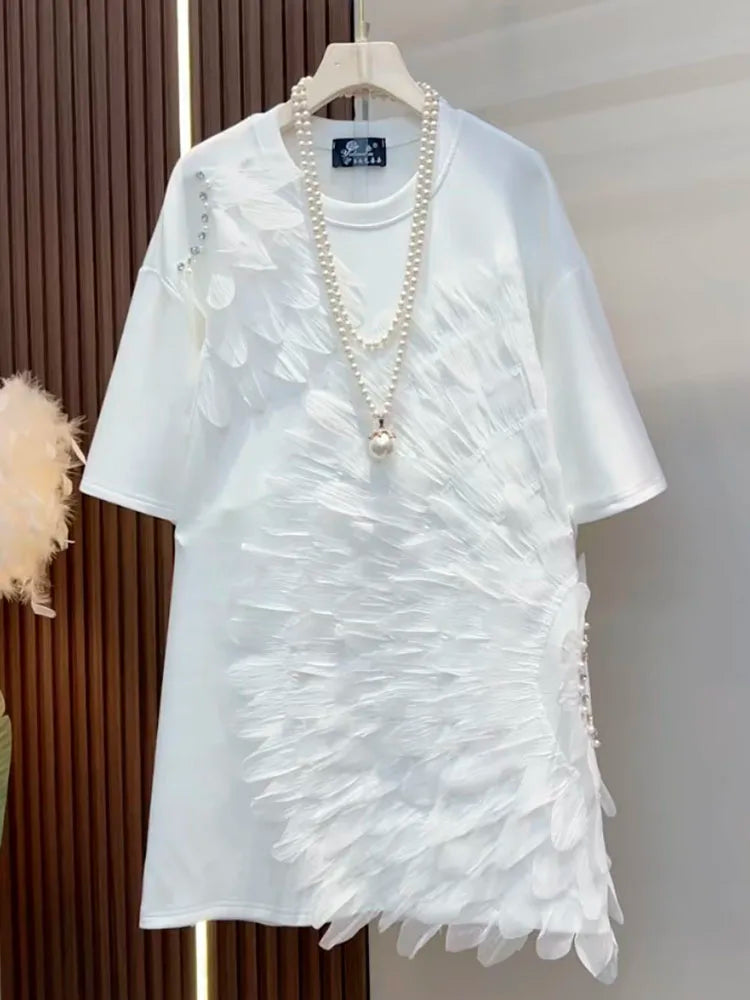 Loose Summer Glam Feather Short-Sleeve Women's Short Dress