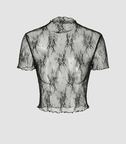 Dark Cross Black Lace Top with Elastic Mesh, Layering Short Sleeves
