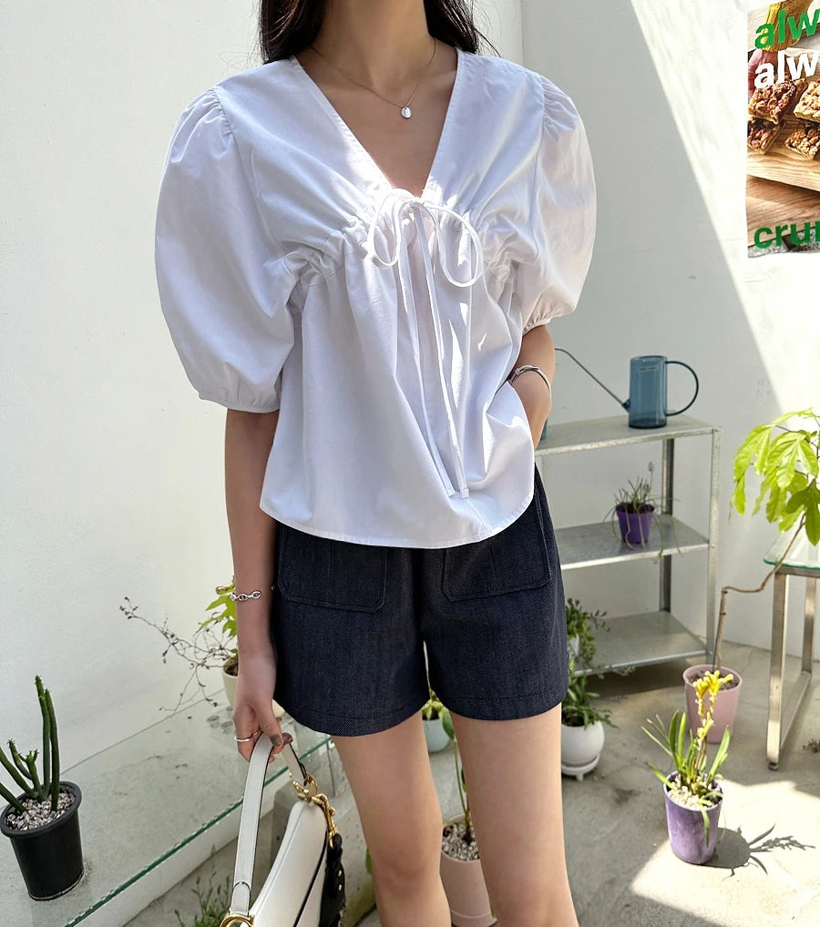 Puff Sleeve Women's Businesswear Casual Lace-Up Shirt