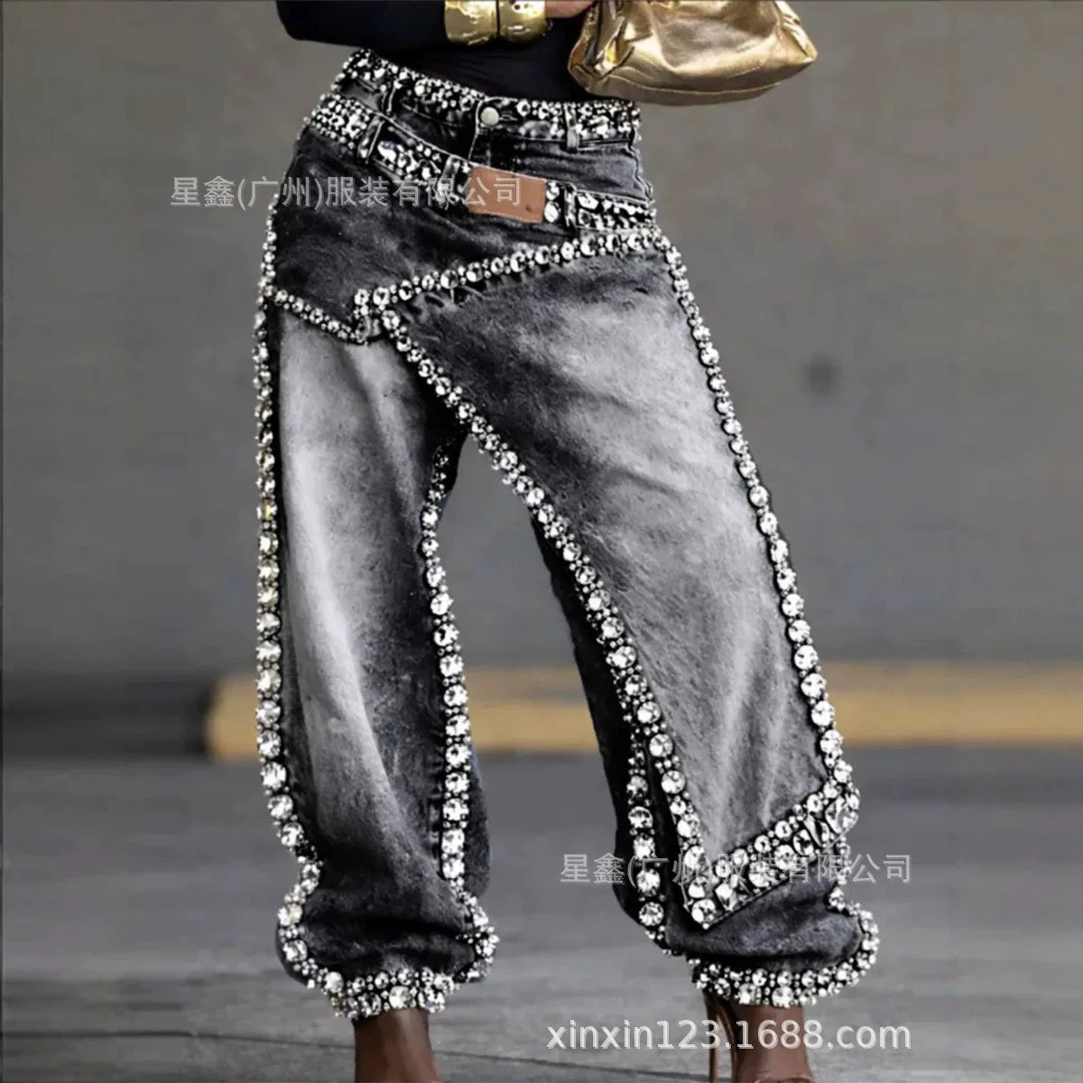 Women's Fashion Hipster Baggy Distressed Jeans with Sparkling Rhinestones