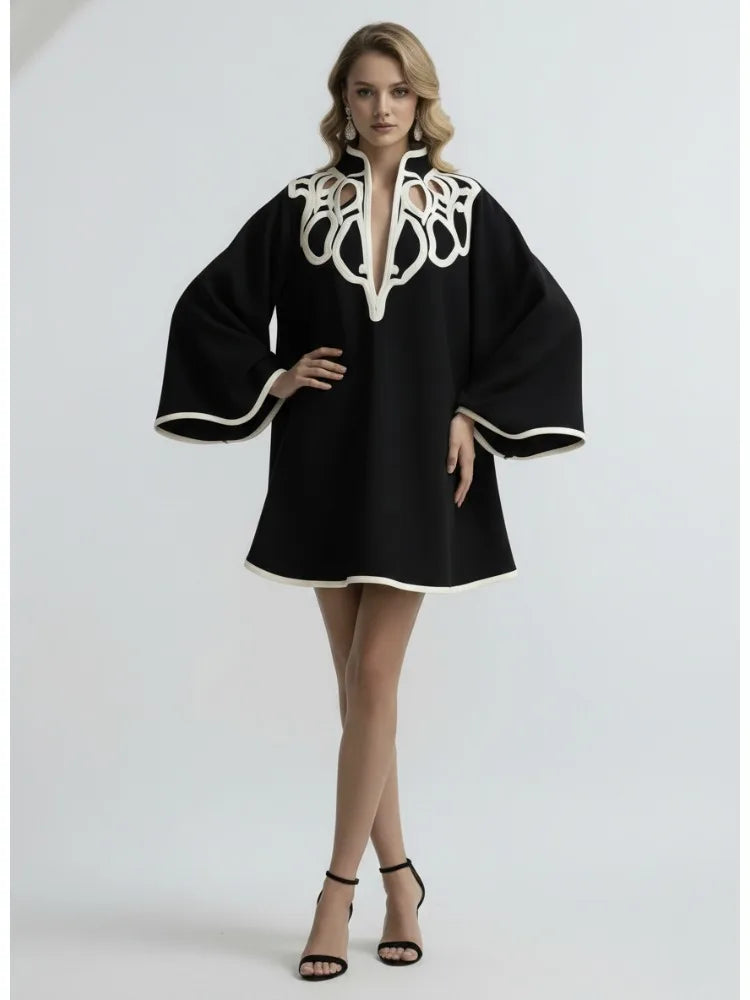 Avant Garde Black and White Contrast Bell-Sleeve Loose Fit Mini Dress