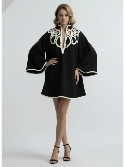 Avant Garde Black and White Contrast Bell-Sleeve Loose Fit Mini Dress