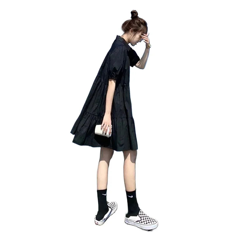 Hepburn-Style Pleated Midi Dress in Black, Plus Sizes