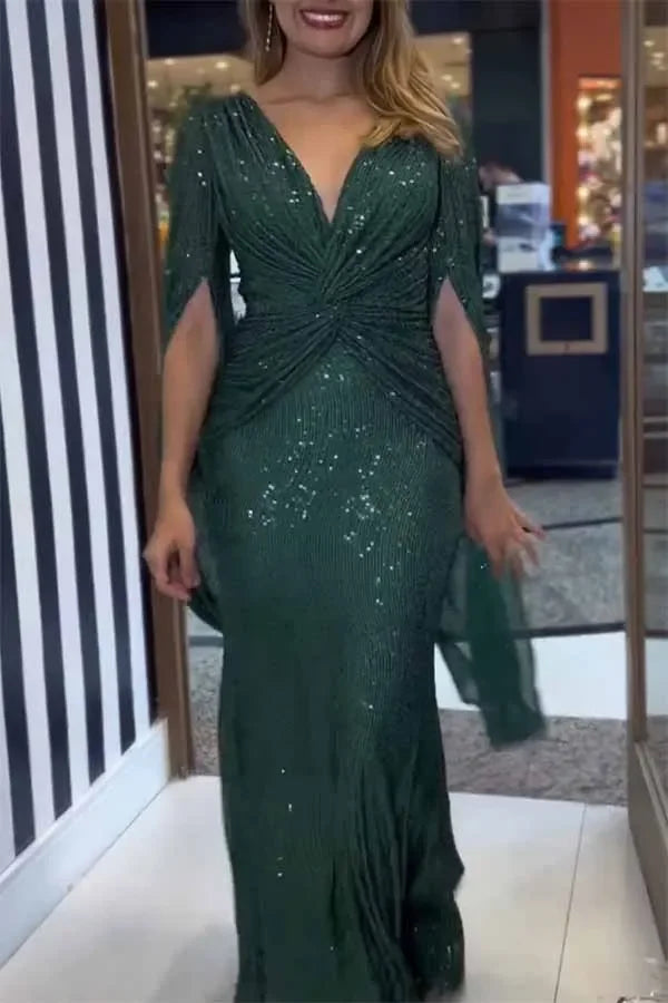 Elegant Sequin Evening Dress, V-Neck Cloak Sleeves