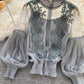 Lace See-Through Puff-Sleeve Vintage Fashion Blouse