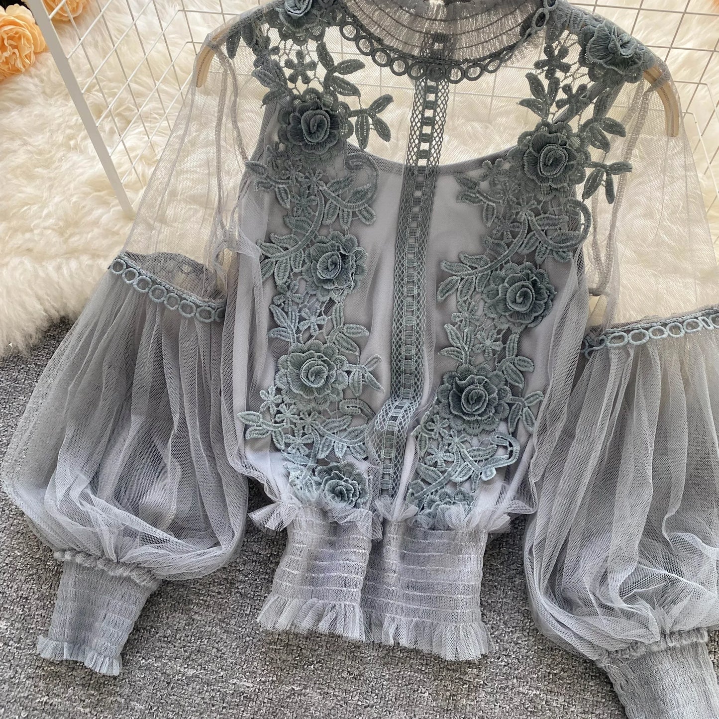 Lace See-Through Puff-Sleeve Vintage Fashion Blouse