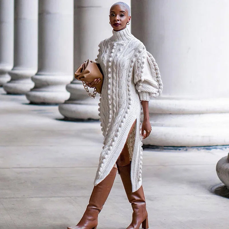 Streetwear Rib Knit Turtleneck Sweater Dress, Autumn and Winter Collection