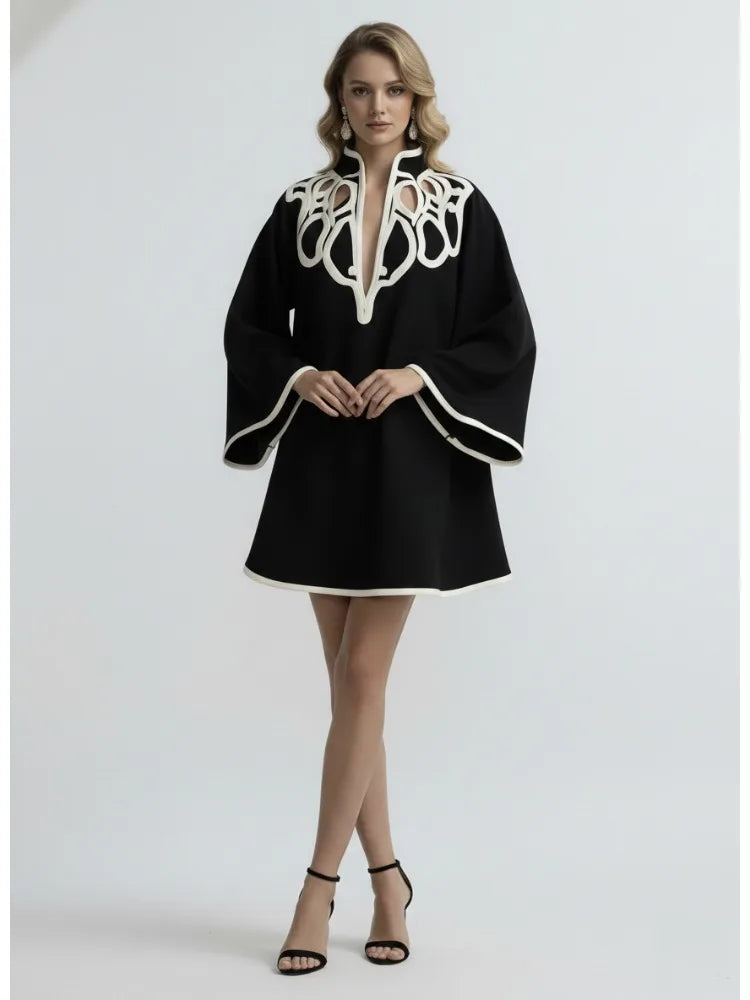 Avant Garde Black and White Contrast Bell-Sleeve Loose Fit Mini Dress