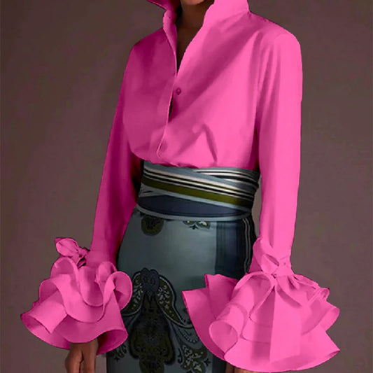 Vireous Women's Elegant Flared-Sleeves Falbala Blouse