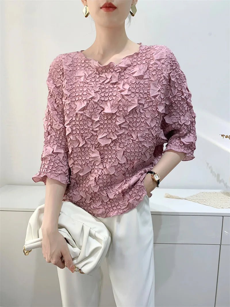 Miyake Embroidered Hand-Pleated Women's Round-Neck Top