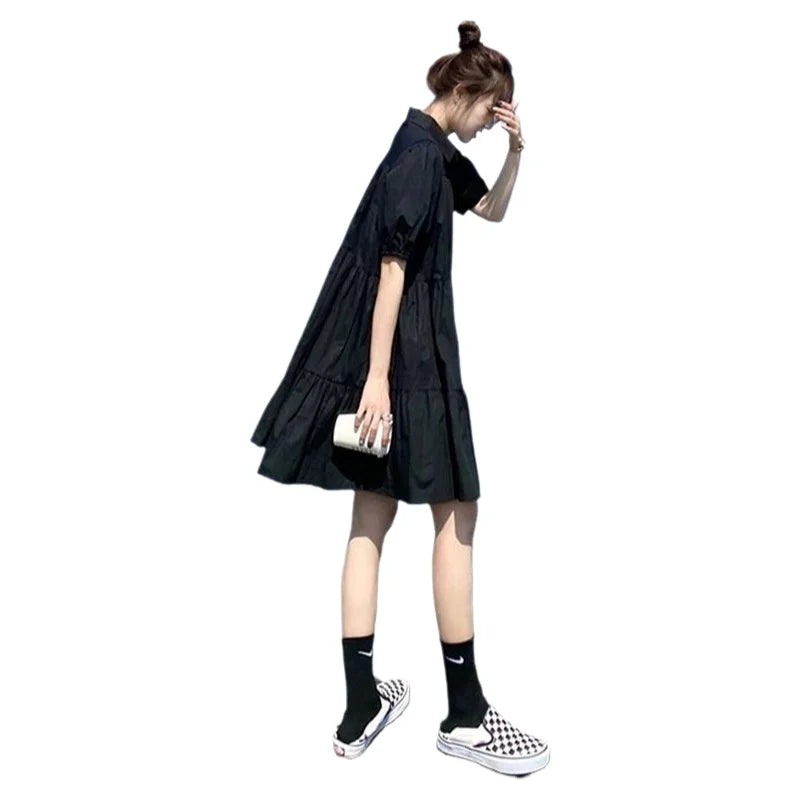 Hepburn-Style Pleated Midi Dress in Black, Plus Sizes