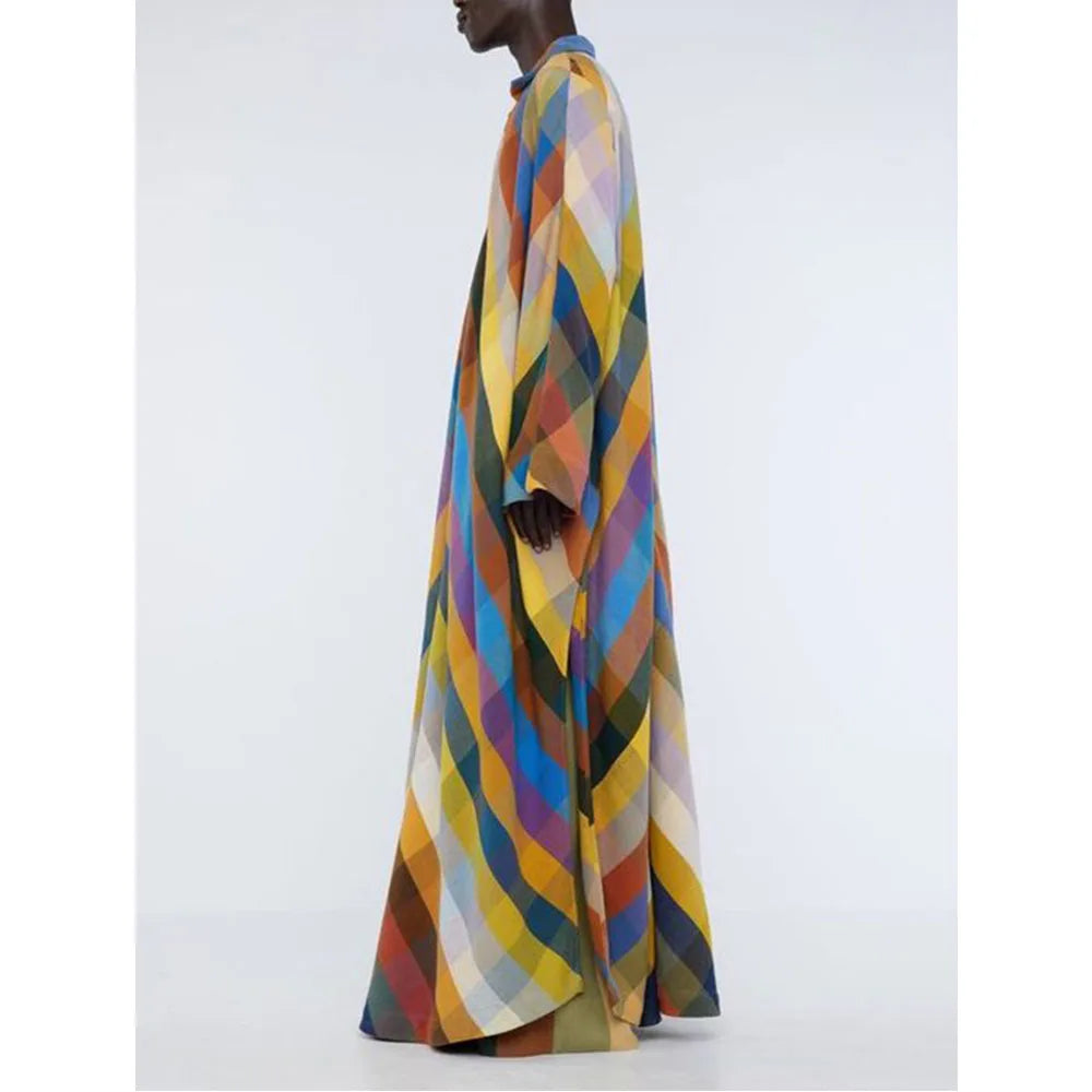 Vireous Long Sleeves Loose Geometric-Print Split-Side Maxi Dress