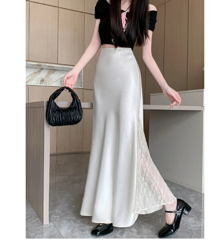 Vireous Satin Women's Long Skirt, Side Lace Patchwork