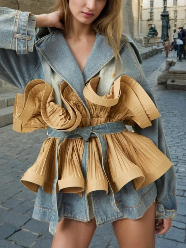 Women's Comfort Stone-Washed Denim Jacket with Bold Ruffles, Catwalk Collection