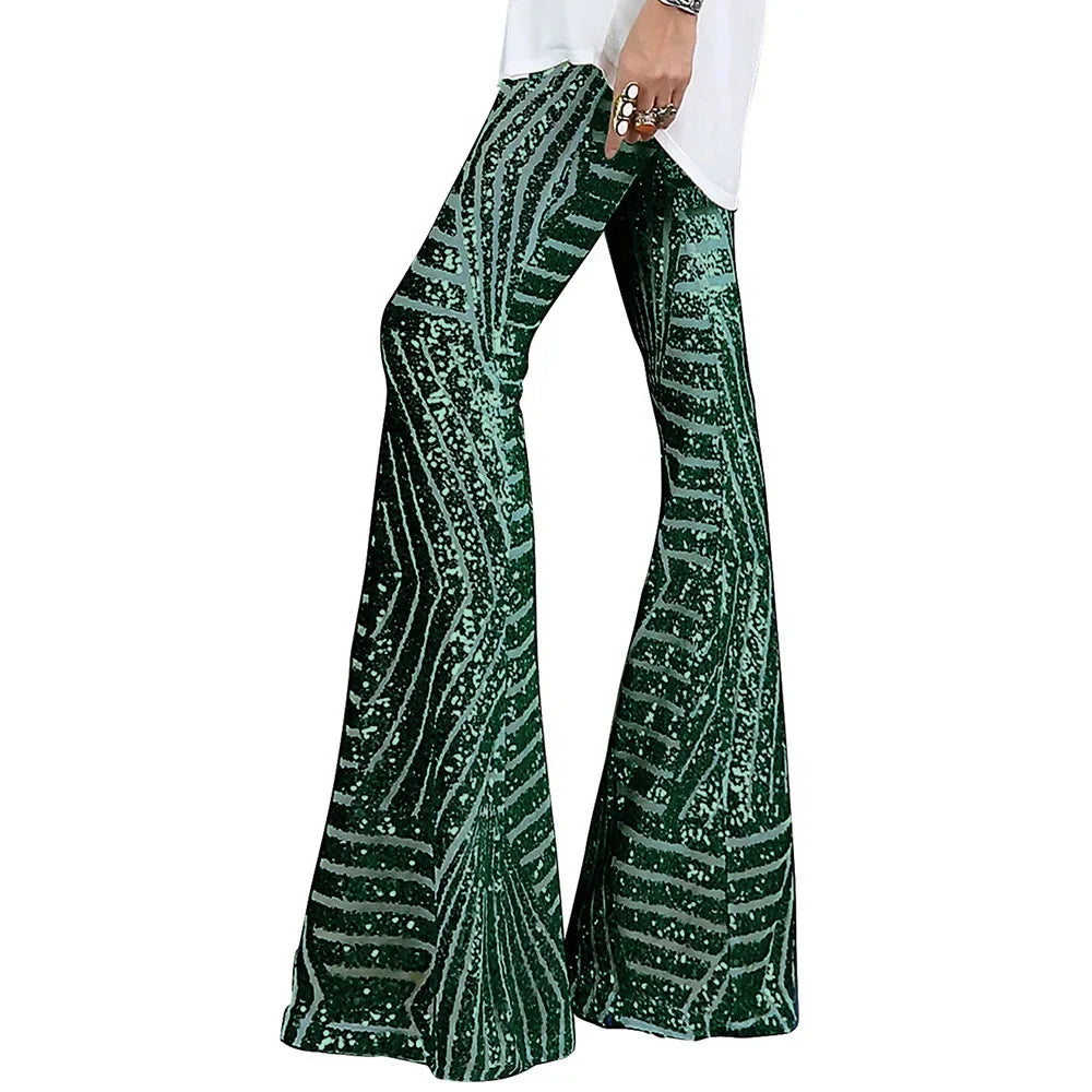Vireous Women's Sparkling Sequin Slacks, Loose Mid-Waist Trousers