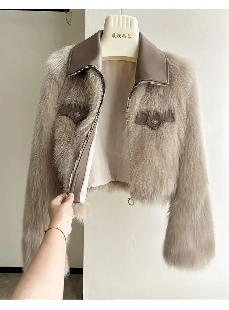 Vireous Polo Collar Women's Faux Fur Bomber Jacket, Spring and Autumn Collection