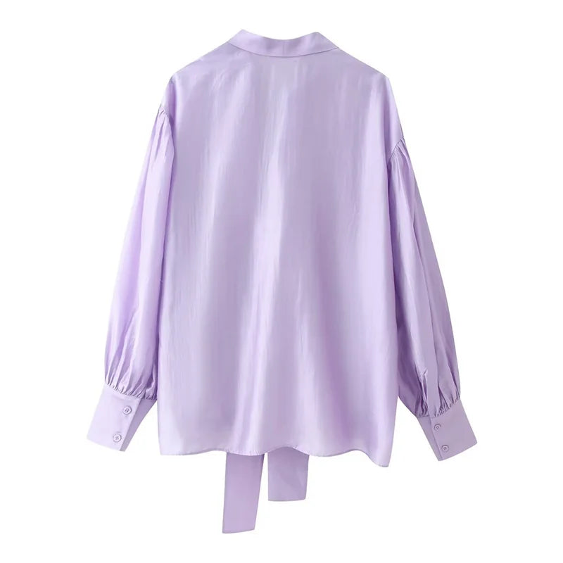 Women's Bow-Tie Drapey Casual Fashion Shirt, Long-Sleeve Blouse
