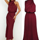 Vireous Summer Silk Satin Sleeveless Long Dress, Draped Bodice