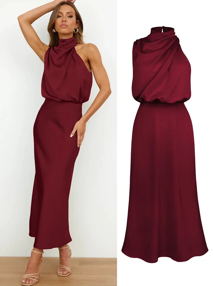 Vireous Summer Silk Satin Sleeveless Long Dress, Draped Bodice