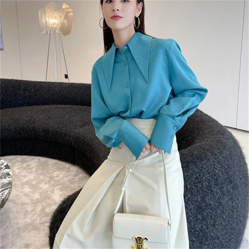 Vireous Long-Sleeve Peter Pan-Collar Blouse, Spring and Autumn Style