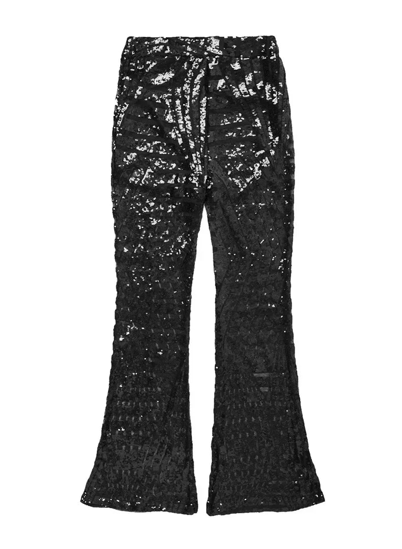Vireous Women's Sparkling Sequin Slacks, Loose Mid-Waist Trousers