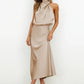 Vireous Summer Silk Satin Sleeveless Long Dress, Draped Bodice