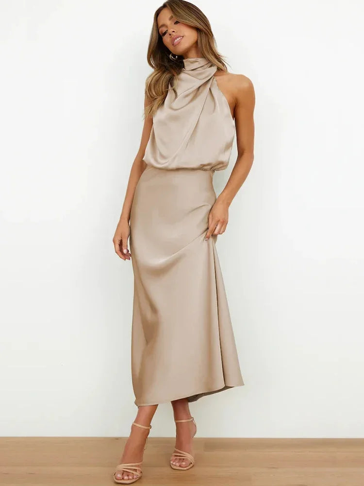 Vireous Summer Silk Satin Sleeveless Long Dress, Draped Bodice
