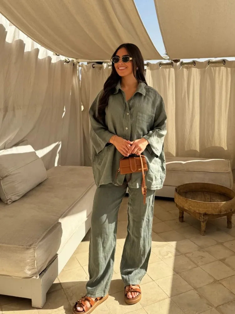 Simple Cotton Linen Women's Summer Pants Suit, Multi Colours