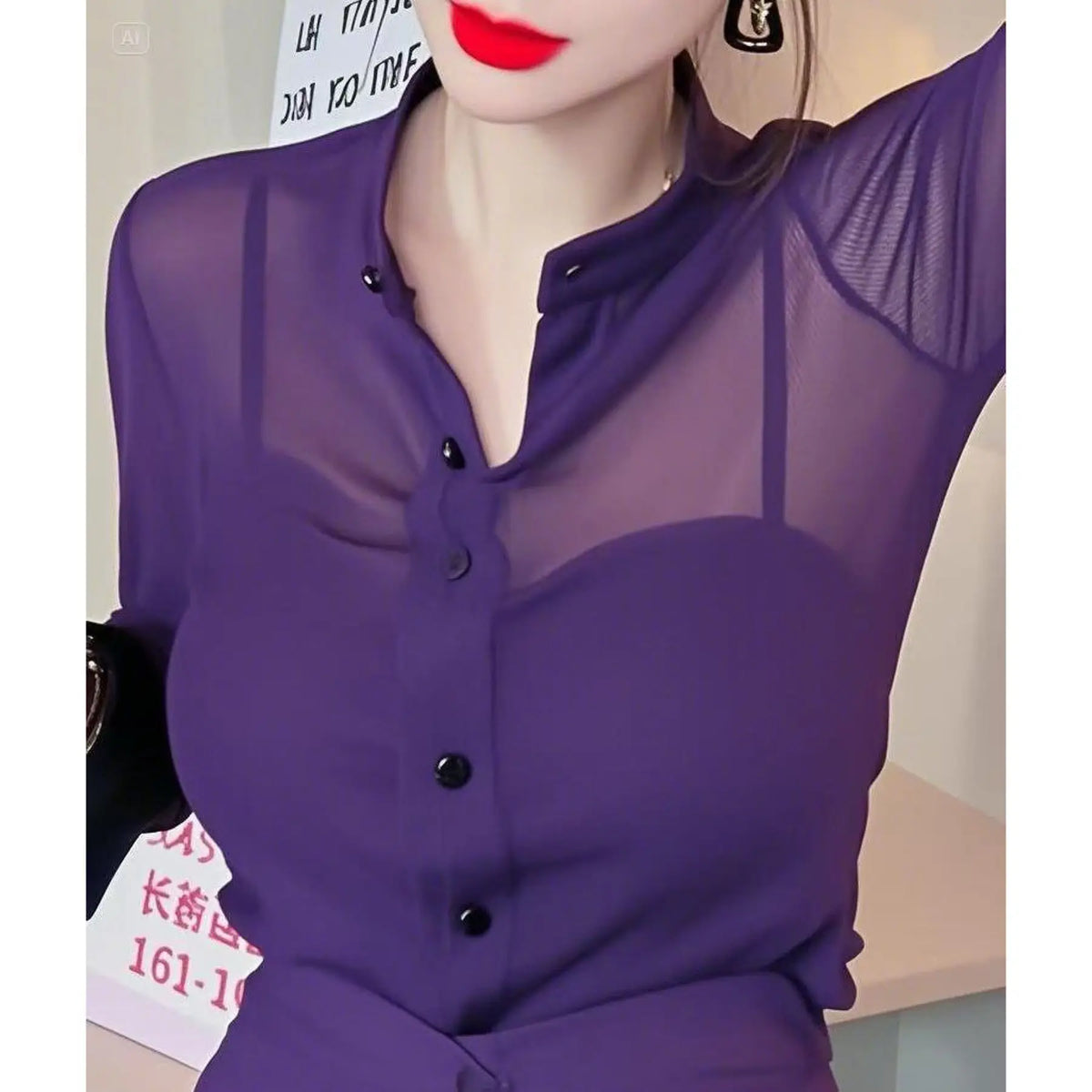 Vireous Black Mesh Slim-Fit Long Sleeve Women's Shirt