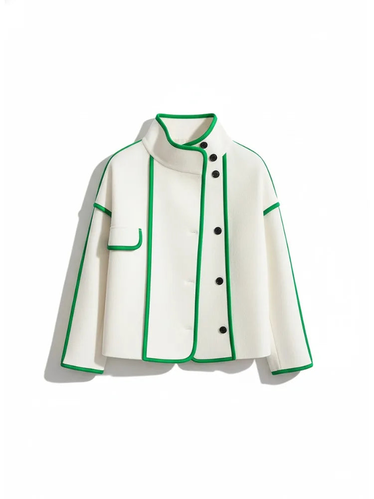 Vireous High-Neck Fashion Woollen Short Coat, Ivory with Green Trim