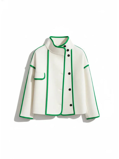 Vireous High-Neck Fashion Woollen Short Coat, Ivory with Green Trim